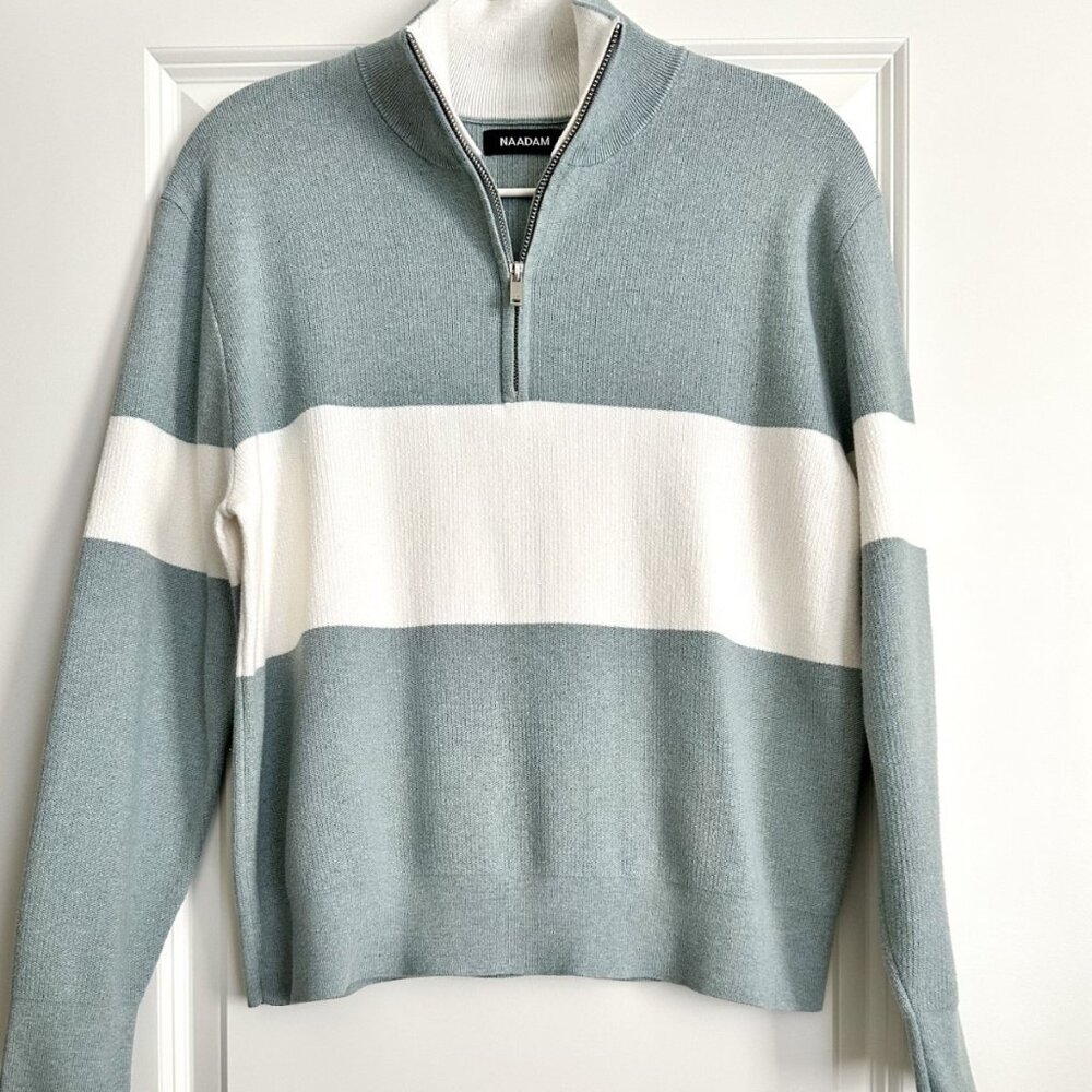 NAADAM Blue/White Cotton Cashmere Colorblock High Neck Quarter Zip Top Size S